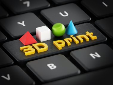 3D baskı metin, küp, Küre, koni ve siyah klavye üzerinde pyramide duran