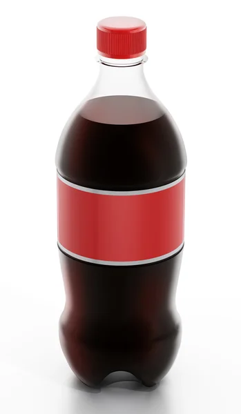 Frasco de soda con etiqueta roja aislada sobre fondo blanco — Foto de Stock