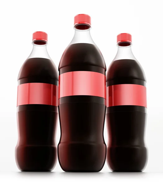 Bottiglie di soda con etichetta rossa isolata su sfondo bianco — Foto Stock
