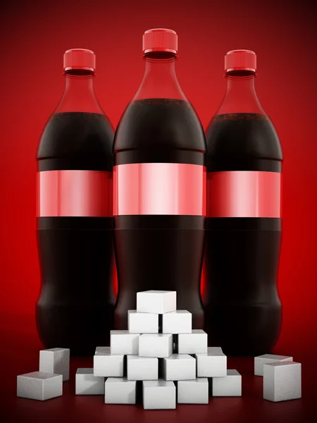 Cola bottles with lots of sugar cubes — Stock Photo, Image