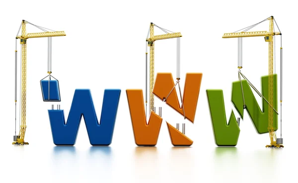 Farbige www-Buchstaben, die von Baukränen getragen werden und www-Wort bilden — Stockfoto