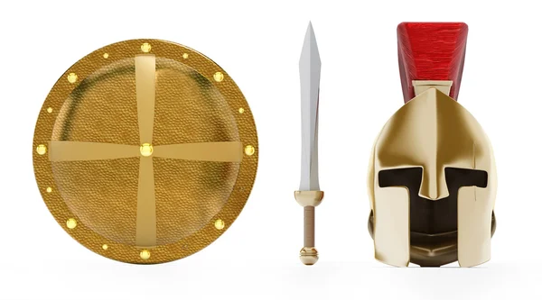 Ancient Greek helmet, shield and sword — Stock Photo, Image