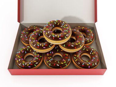 Çörek kırmızı bir kutu içinde. 3D çizim.