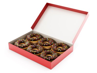 Çörek kırmızı bir kutu içinde. 3D çizim.