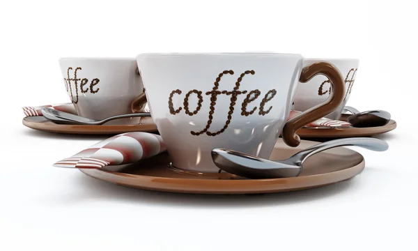 Tazza di caffè con testo di caffè fatto di chicchi di caffè. Illustrazione 3D — Foto Stock