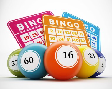 Bingo topları ve kartları. 3D çizim