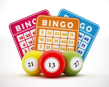 Bingo topları ve kartları. 3D çizim