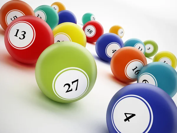 Μπαλάκια Bingo με γενική αριθμούς. 3D απεικόνιση — Φωτογραφία Αρχείου