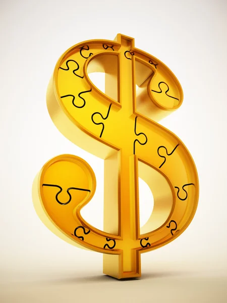 Símbolo del dólar de oro hecho de piezas de rompecabezas. Ilustración 3D —  Fotos de Stock