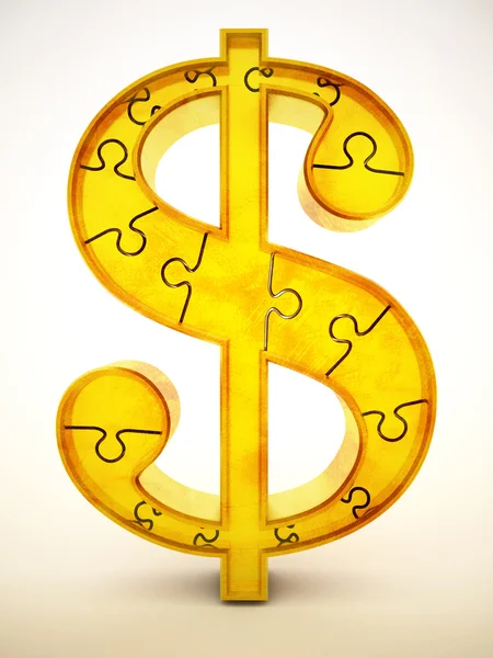 Símbolo del dólar de oro hecho de piezas de rompecabezas. Ilustración 3D — Foto de Stock