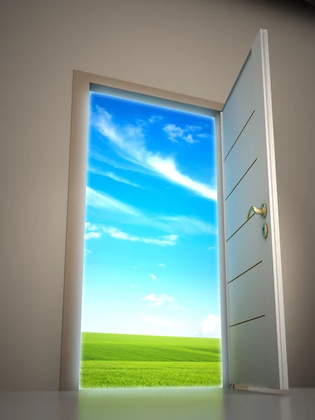 Дверь открывается на голубом фоне неба. 3D иллюстрация — стоковое фото