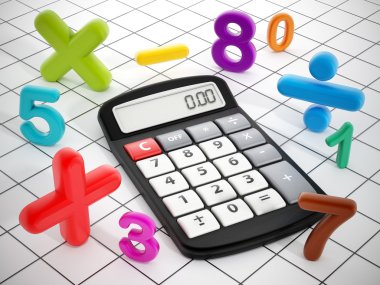 Hesap makinesi ve matematiksel semboller.