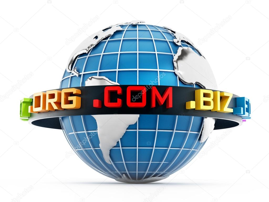 Domain extensions around the blue globe. 3D illustration