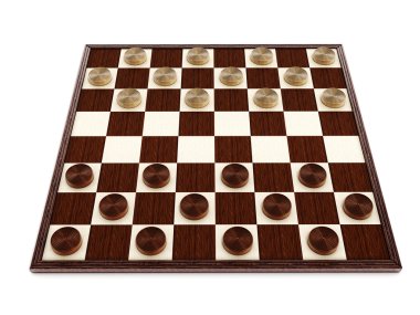 Dama oyun tahtası ve parçalar. 3D çizim