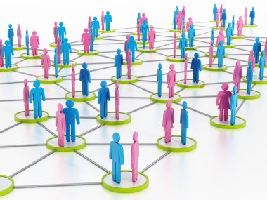 Erkek ve kadın siluetleri yeşil noktalar üzerinde birbirine bağlı. 3D çizim