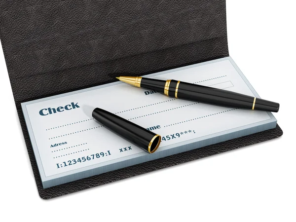 Pen standing on chekbook isolated on white background. 3D illustration — Stock Photo, Image