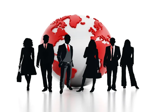 Business professionals standing in front of the globe. 3D illustration — Stock Photo, Image