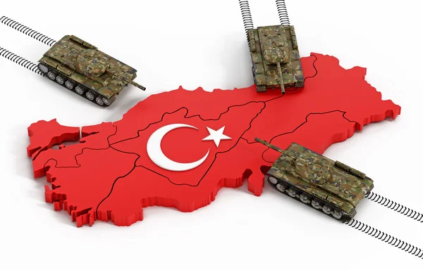 Panzer bewegen sich durch die türkische Landkarte und Flagge. 3D-Illustration — Stockfoto