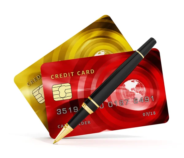 Tarjetas de crédito, chequera y bolígrafo aislados sobre fondo blanco. Ilustración 3D — Foto de Stock
