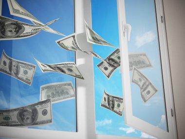 Pencereden dışarı uçan dolar. 3D çizim