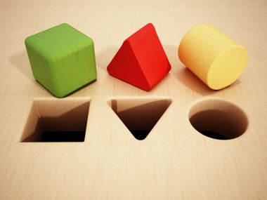 Küp, prizma ve silindir tahta bloklar delikleri önünde. 3D çizim