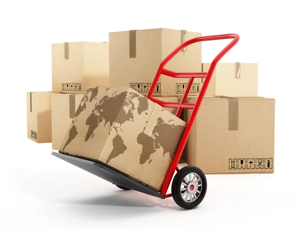 Cardboard boxes with earth shape on truck hand trolley. 3D illustration — Stock Photo, Image