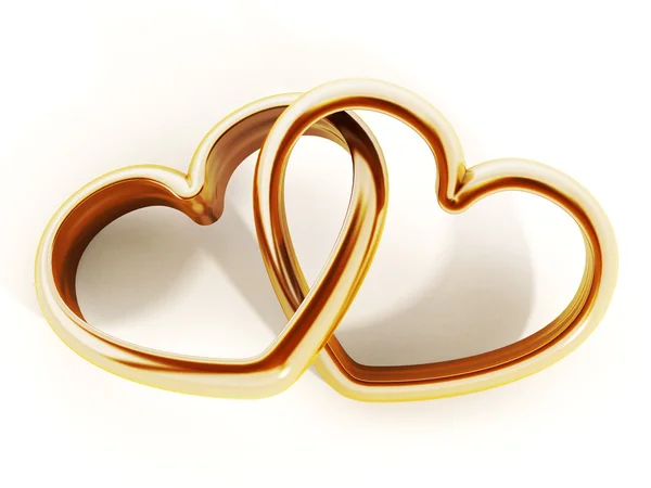 Anelli a forma di cuore d'oro attaccati l'uno all'altro. Illustrazione 3D — Foto Stock