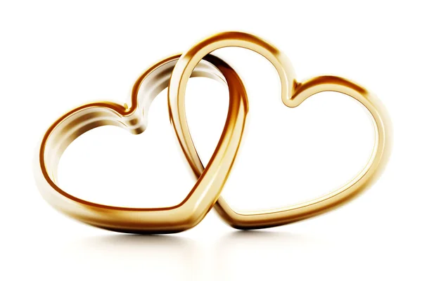 Goldene herzförmige Ringe, die aneinander befestigt sind. 3D-Illustration — Stockfoto