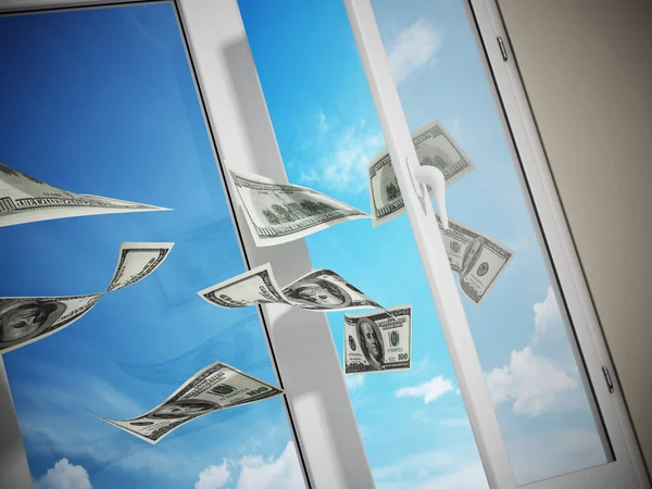 Доллары вылетают из окна. 3D иллюстрация — стоковое фото