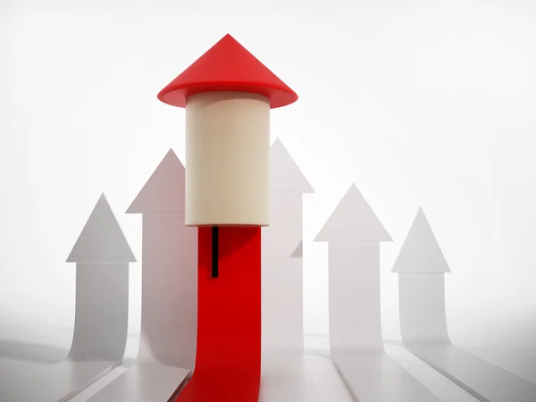 Rising red arrow with rocket among white arrows. 3D illustration