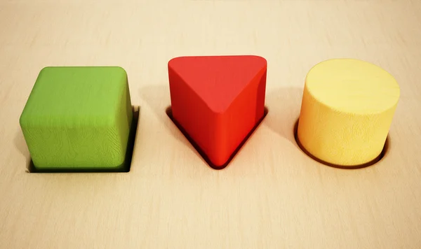 Cube, prism and cylinder wooden blocks inside holes. 3D illustration — Stock Photo, Image