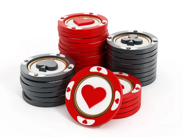 Casino chips con corazones, espadas, diamantes y palos formas. Ilustración 3D —  Fotos de Stock