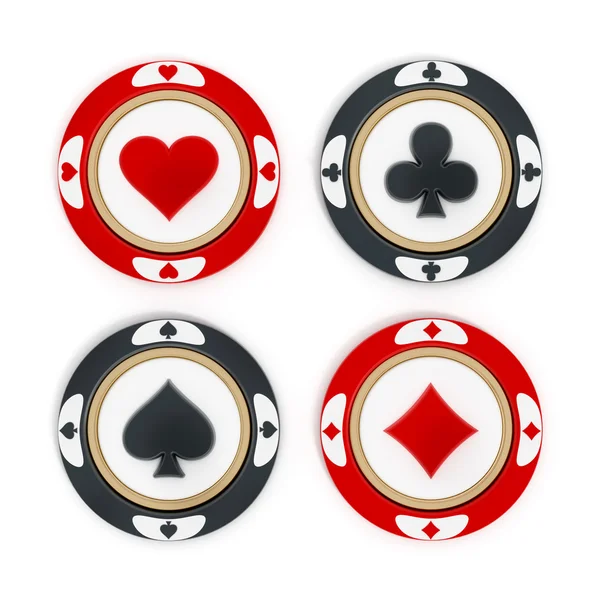 Casino chips con corazones, espadas, diamantes y palos formas. Ilustración 3D — Foto de Stock