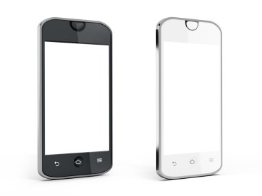 Siyah ve beyaz beyaz arka plan üzerinde izole yansıma ile akıllı telefonlar. 3D çizim