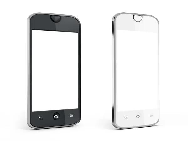 Μαύρο και άσπρο smartphones με αντανάκλαση που απομονώνονται σε λευκό φόντο. 3D απεικόνιση — Φωτογραφία Αρχείου