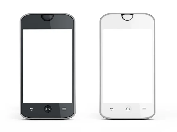 सफेद पृष्ठभूमि पर अलग प्रतिबिंब के साथ काले और सफेद स्मार्टफ़ोन। 3 डी इलस्ट्रेशन — स्टॉक फ़ोटो, इमेज