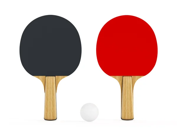 Ping pong ou raquetes de tênis de mesa isoladas em fundo branco. Ilustração 3D — Fotografia de Stock