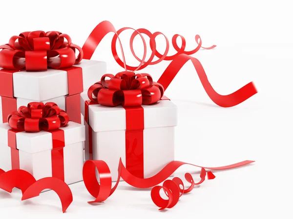 Giftboxes は、白い背景で隔離赤いリボンで包まれました。3 d イラストレーション — ストック写真