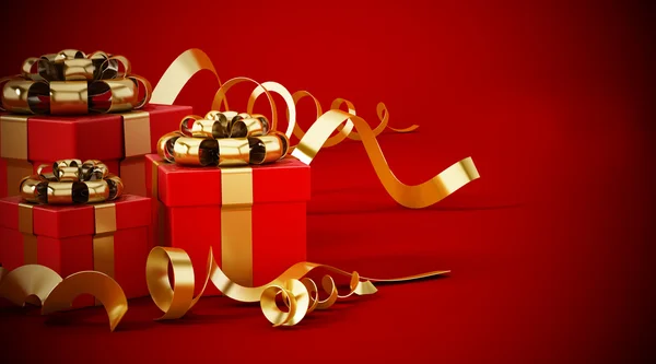 Giftboxes wrapped with gold ribbons standing on red background. 3D illustration — Stock Photo, Image