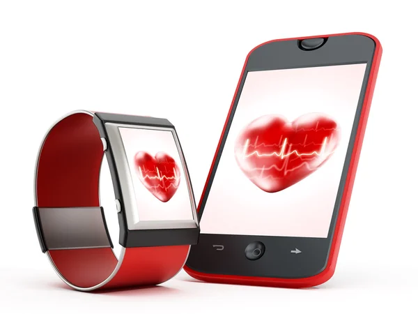 Smartphone e smartwatch com ícone de coração na tela. Ilustração 3D — Fotografia de Stock