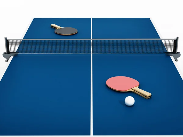 Ilustración 3D de mesa de ping pong, raquetas y pelota . —  Fotos de Stock