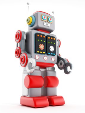 Beyaz arka plan üzerinde izole vintage oyuncak robot. 3D çizim