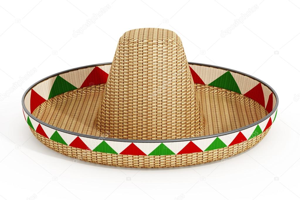 Mexican hat or sombrero and Mexican flags isolated on white background. 3D illustration