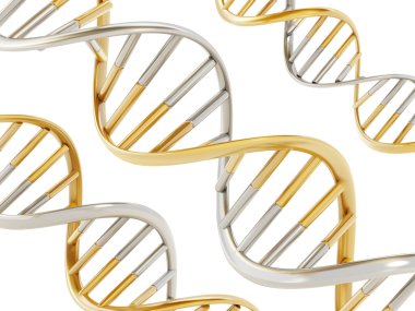 Altın ve gümüş renkli dna sarmalı. 3D çizim
