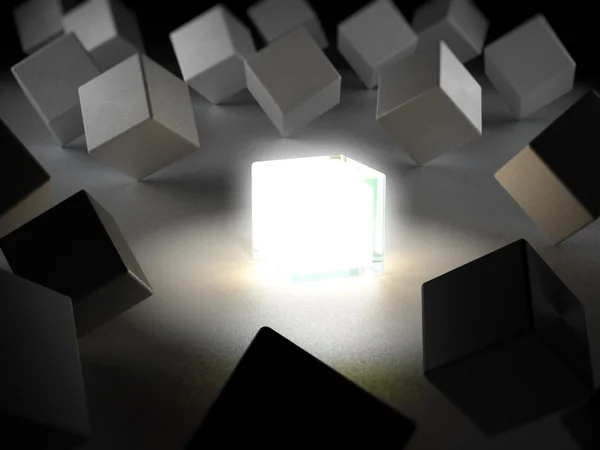 Caja que emite luz destacándose entre las cajas. Ilustración 3D —  Fotos de Stock