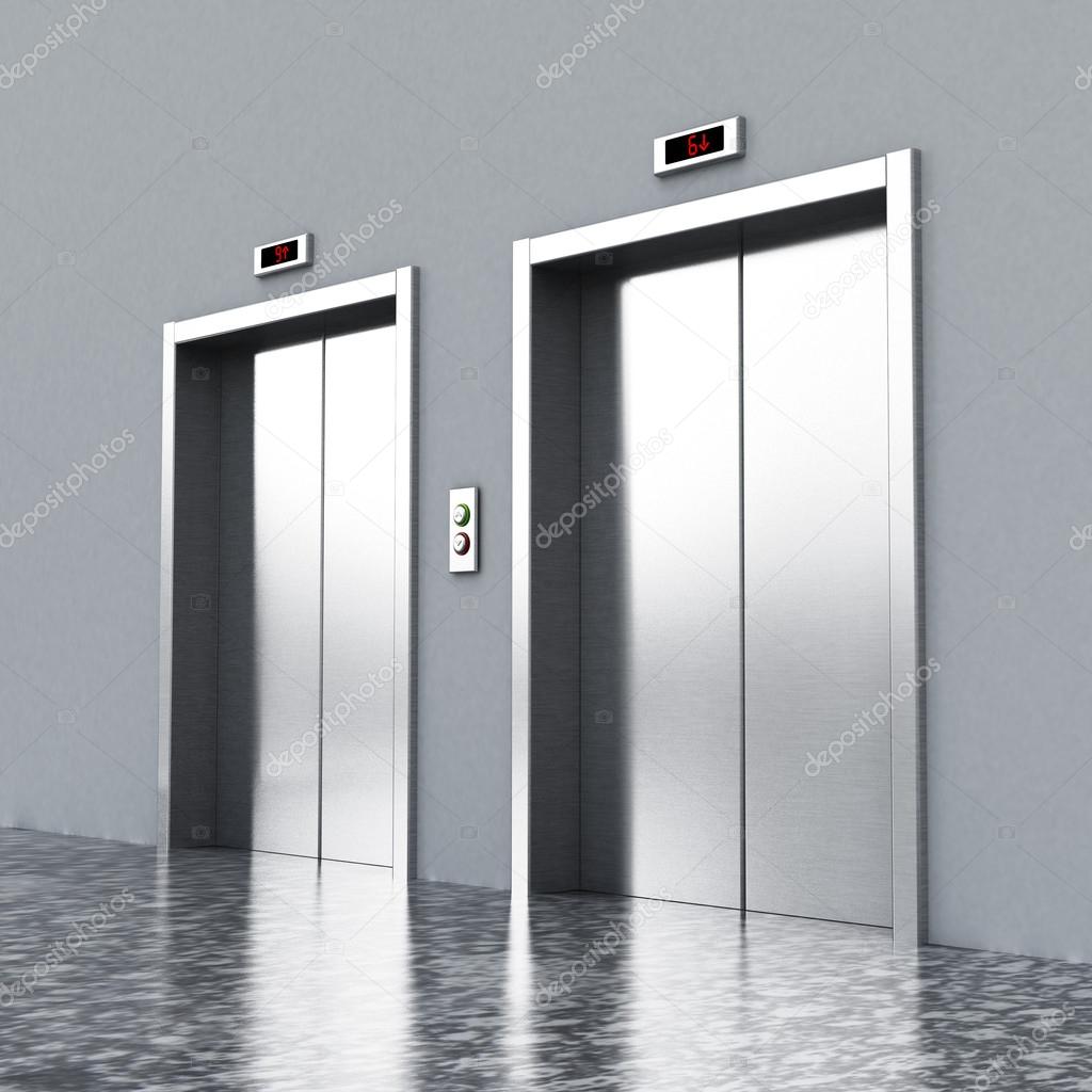 Front view of elevator doors on the corridor. 3D illustration