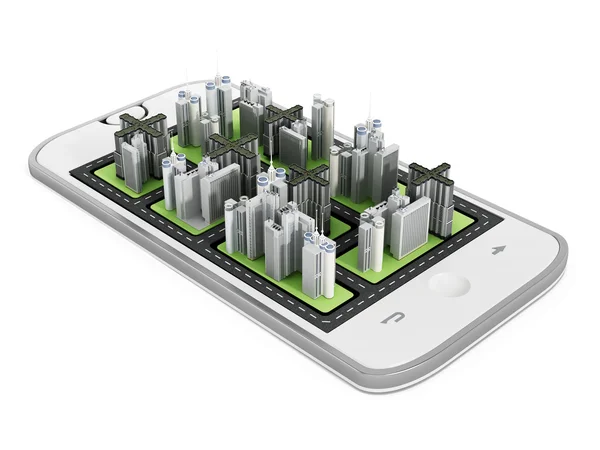 De gebouwen van de moderne stad op het scherm van de smartphone. 3D illustratie — Stockfoto