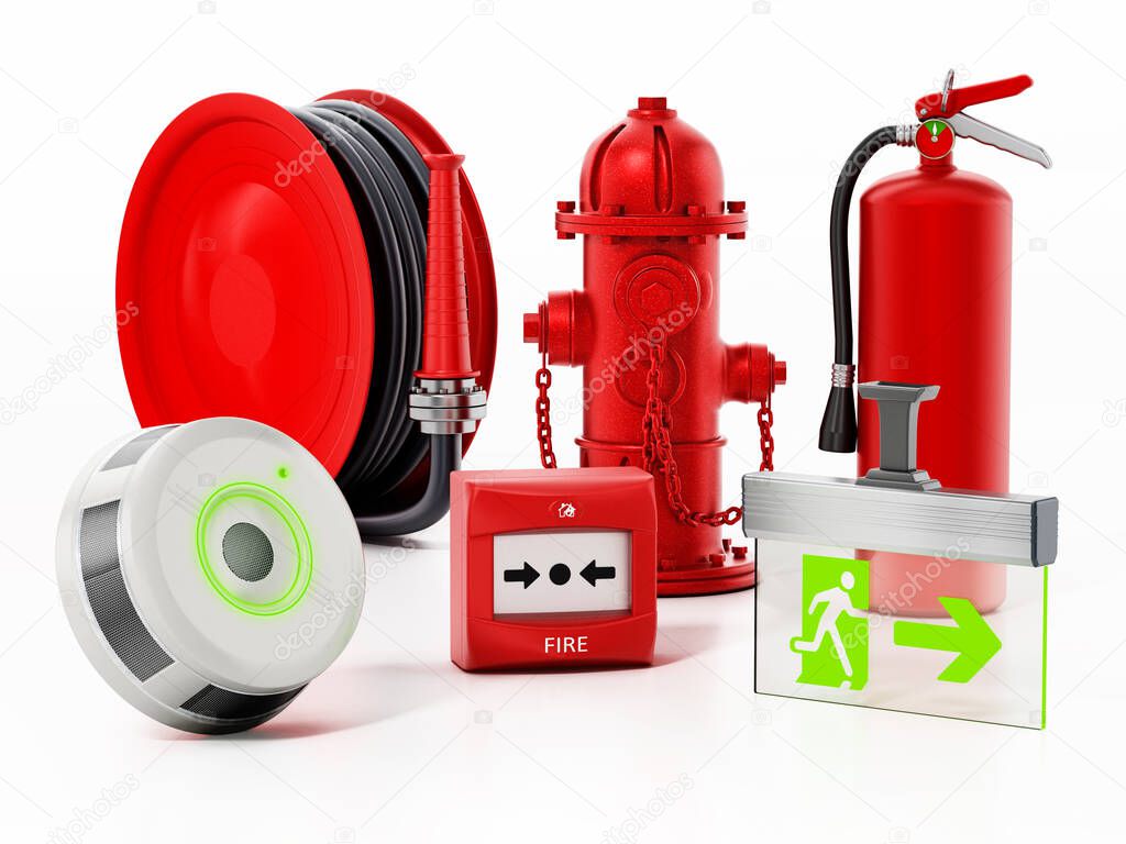 Fire safety equipment isolated on white background. 3D illustration.