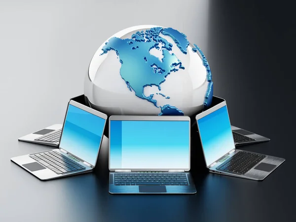 Laptop computers standing around the globe. 3D illustration.