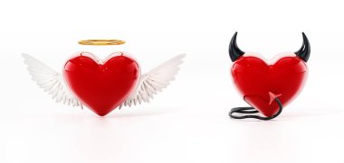 Melek ve kötü kalpler beyaz arka planda izole edilmiş. 3B illüstrasyon.